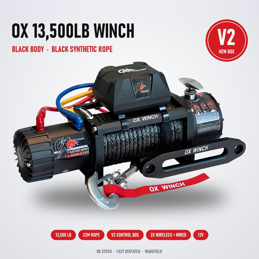 OX 13500lb 12V Electric Winch – Black Edition with Synthetic Black Rope