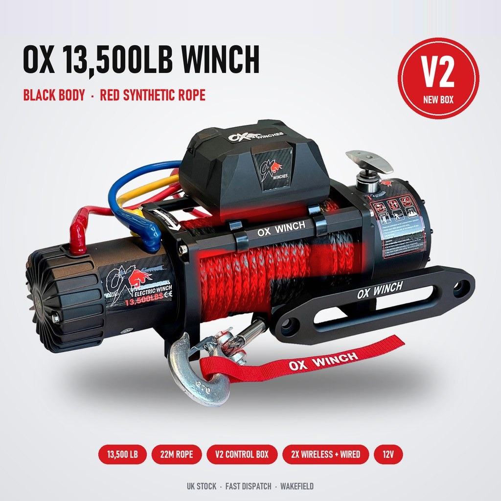OX 13500lb 12V Electric Winch – Black Edition with Red Synthetic Rope