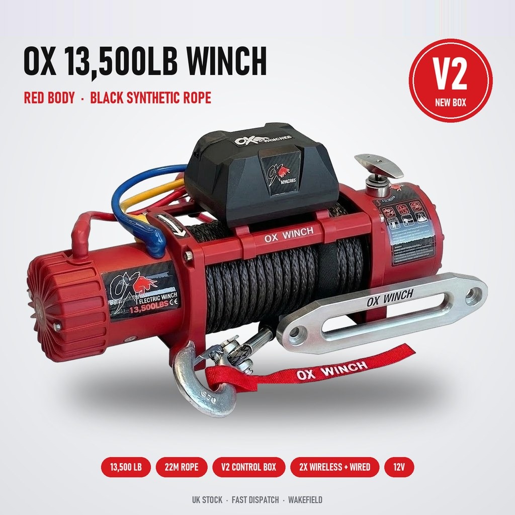 OX 13500lb 12V Electric Winch – Red Edition with Black Synthetic Rope
