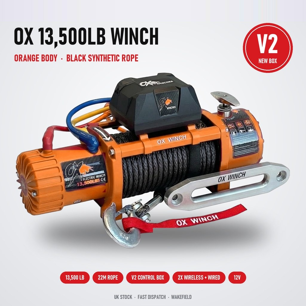 OX 13500lb 12V Electric Winch – Orange Edition with Black Synthetic Rope