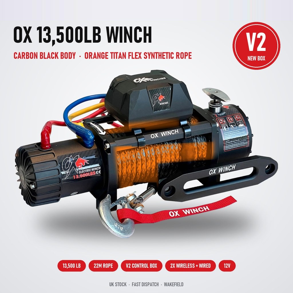OX 13500lb 12V Electric Winch – Satin Black Edition with Orange Synthetic Rope
