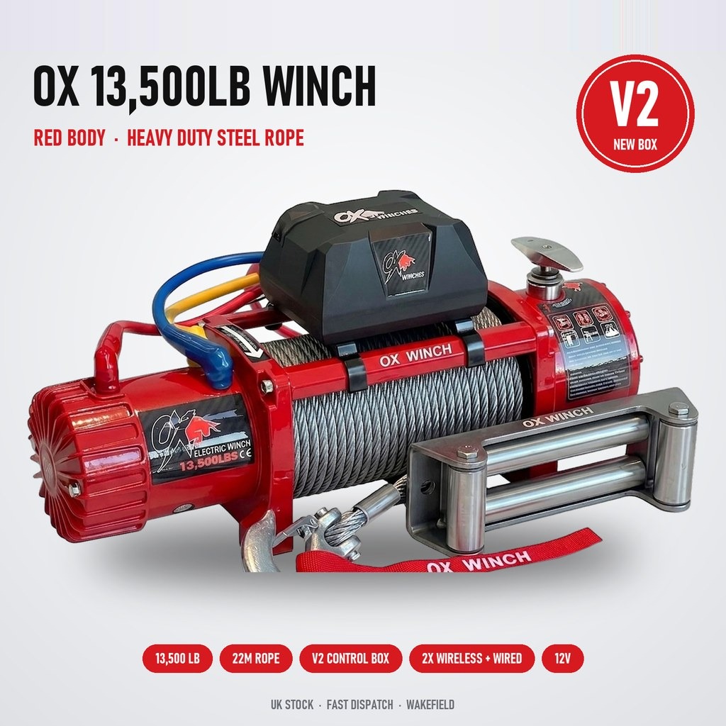 OX 13500lb 12V Electric Winch – Red Edition with Steel Cable