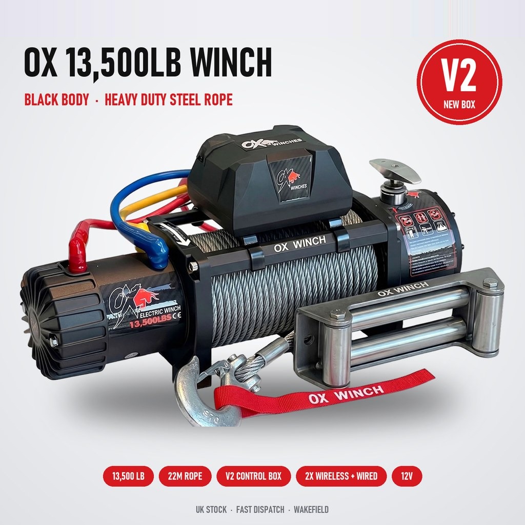 OX 13500lb 12V Electric Winch – Black Edition with Steel Cable