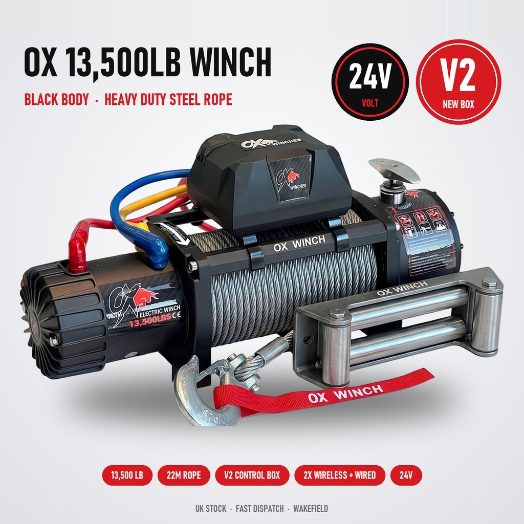 OX 13500lb 24V Electric Winch – Black Edition with Steel Cable