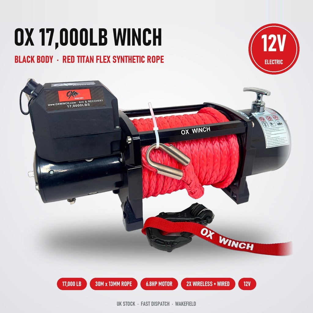 OX 17,000lb 12V Heavy-Duty Electric Winch | Red Synthetic Rope