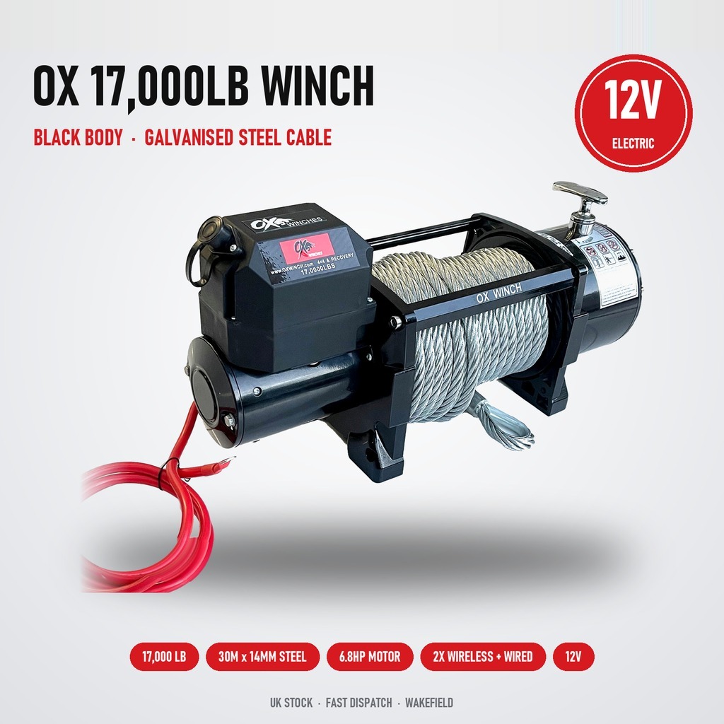 OX 17,000lb 12V Electric Winch – Black Edition with Steel Cable