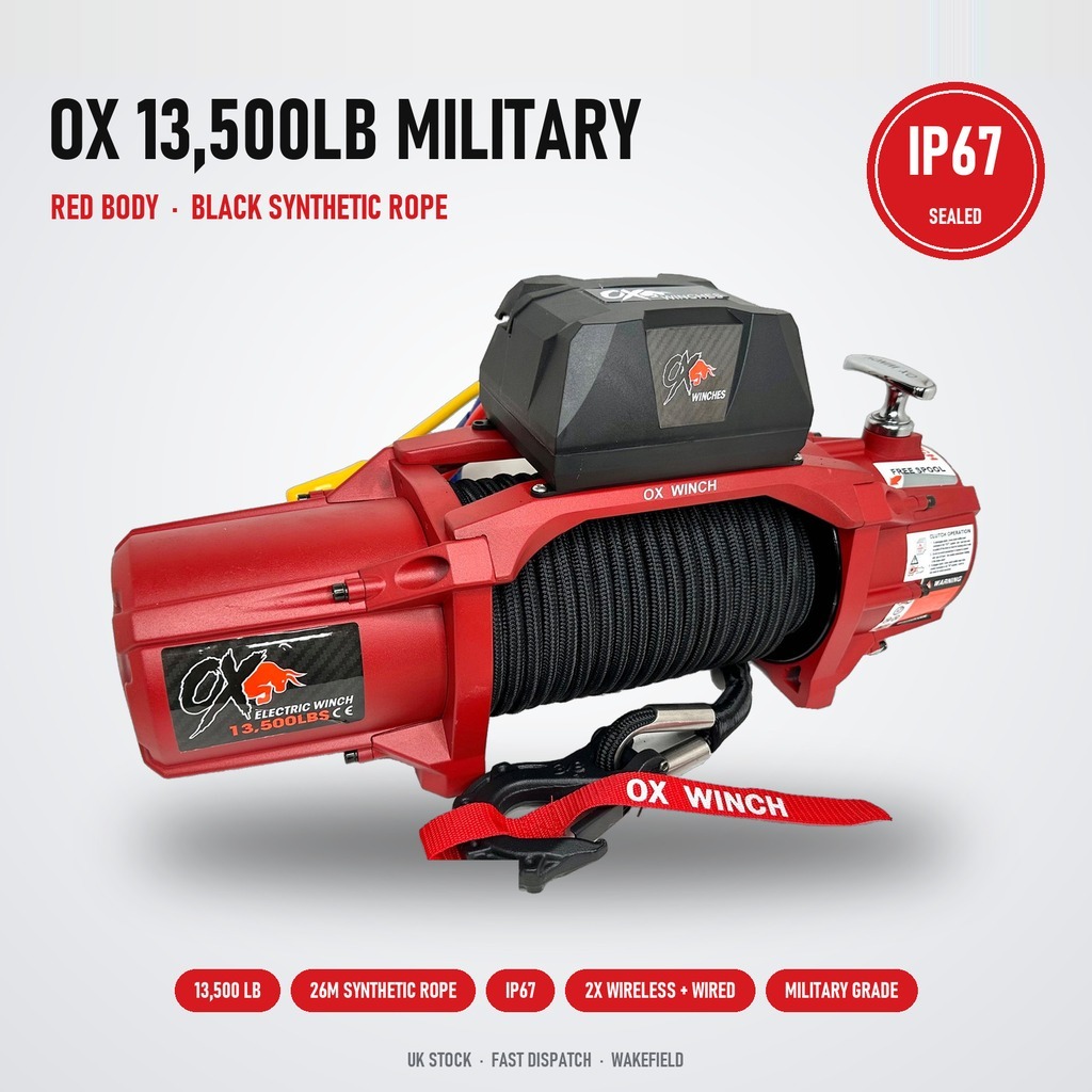 OX 13500lb Military Edition Winch – Red with Black Synthetic Rope