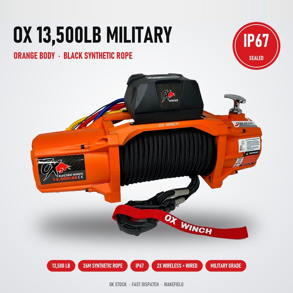 OX 13500lb Military Edition Winch – Orange with Black Synthetic Rope