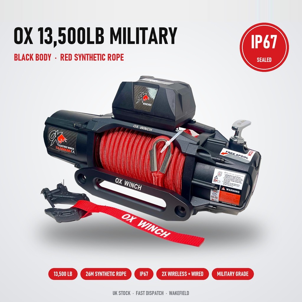 OX 13500lb Military Edition Winch – Black with Red Synthetic Rope