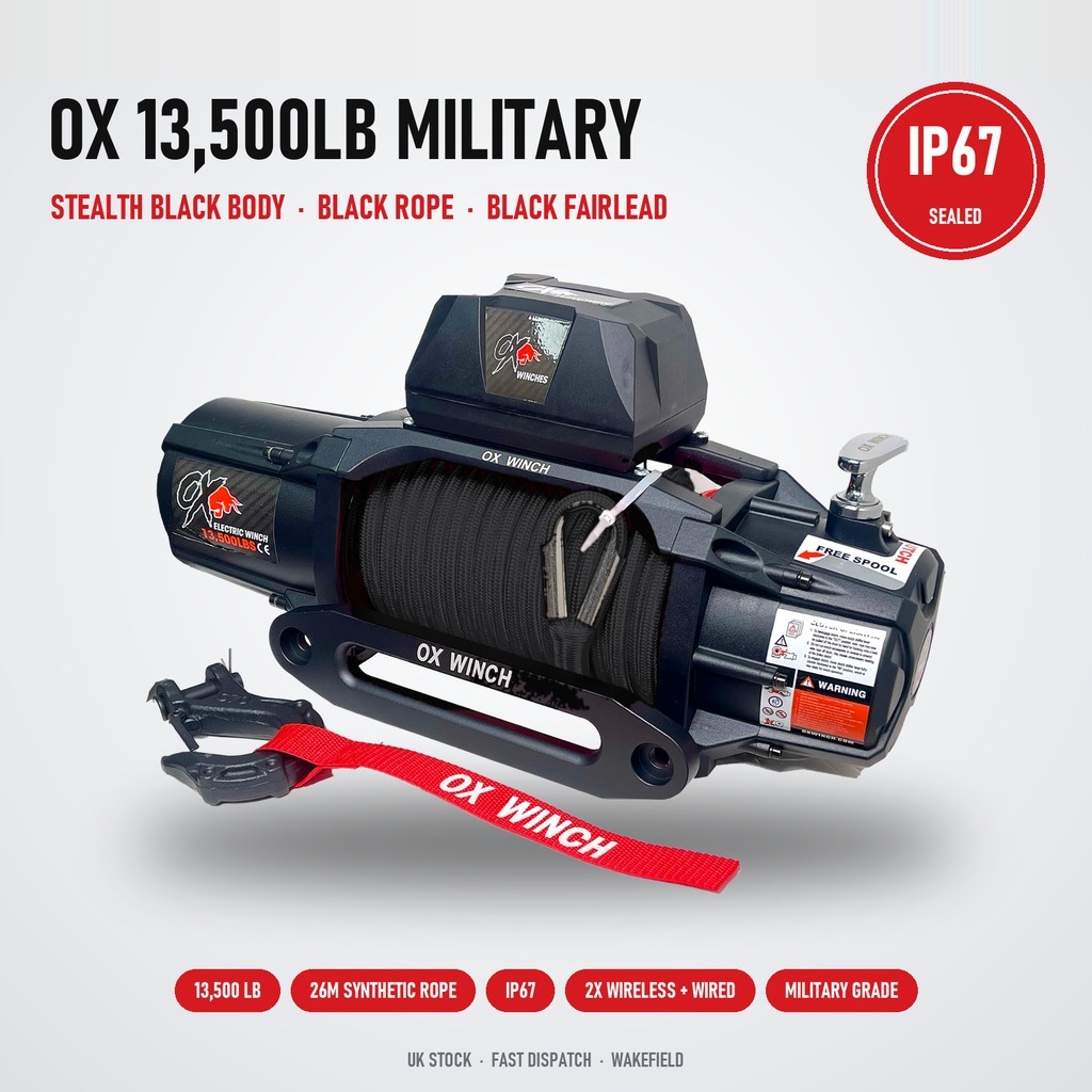 OX 13500lb Military Edition Winch – Stealth Black with Black Rope